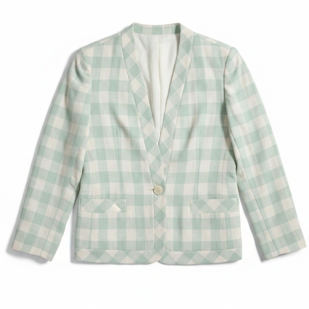 JH Collectibles Vintage Gingham Blazer Sage Green Plaid Collarless Jacket Size 8
